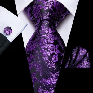 DiBanGu Silk Tie Purple Floral Men's Tie Pocket Square Cufflinks Set