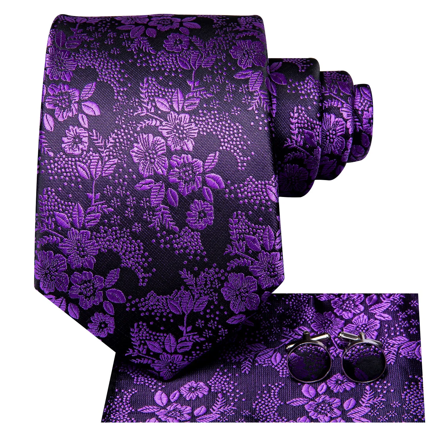 DiBanGu Silk Tie Purple Floral Men's Tie Pocket Square Cufflinks Set