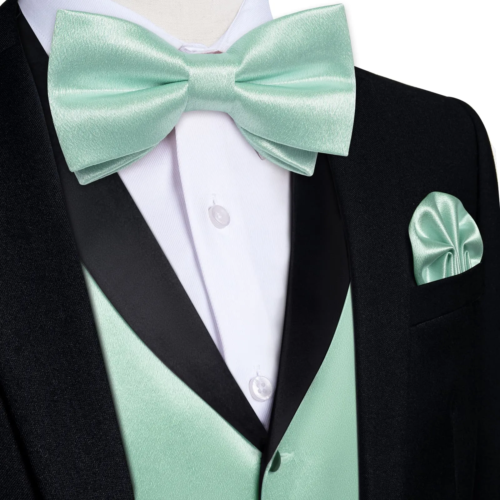 DiBanGu Tuxedo Vest Mint Green Solid Silk Mens Vest and Bow Tie Set for Fashion