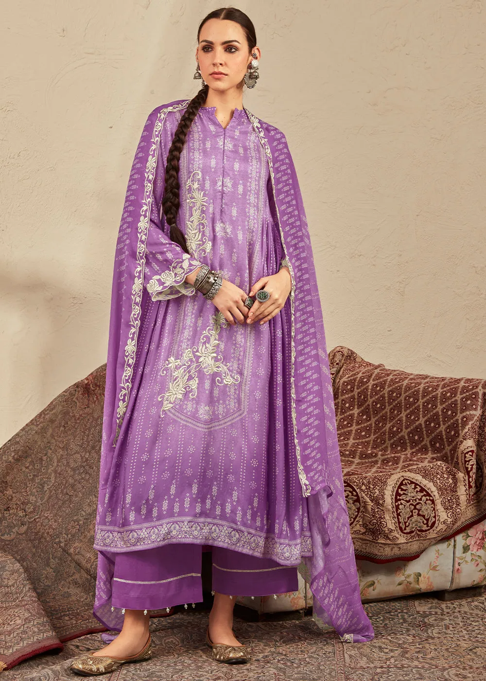 Electric Purple Digital Printed Cotton Silk Suit With Parsi Embroidery work