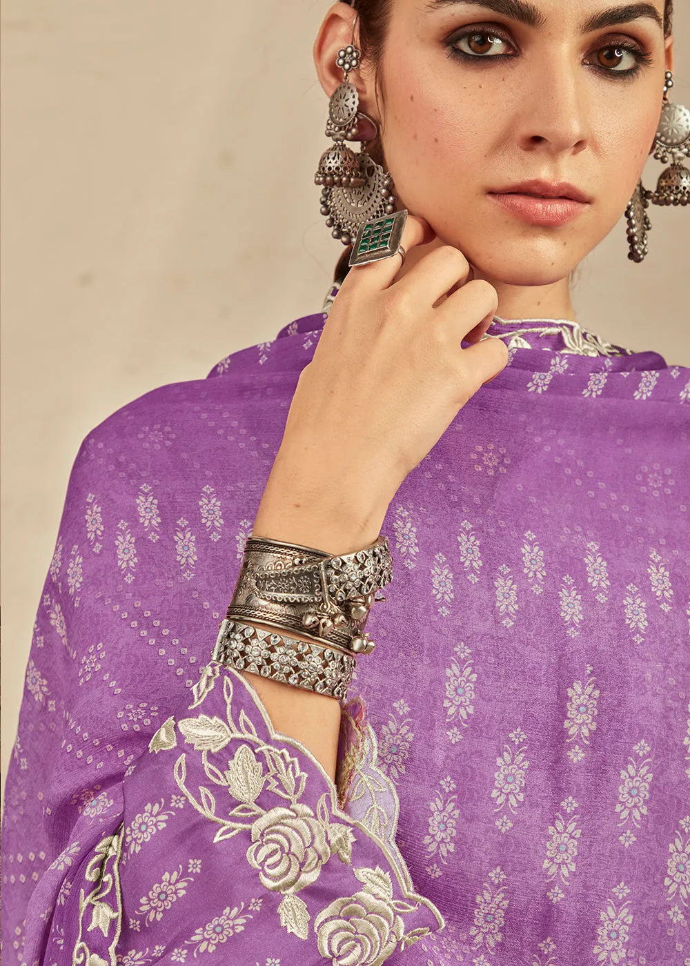 Electric Purple Digital Printed Cotton Silk Suit With Parsi Embroidery work