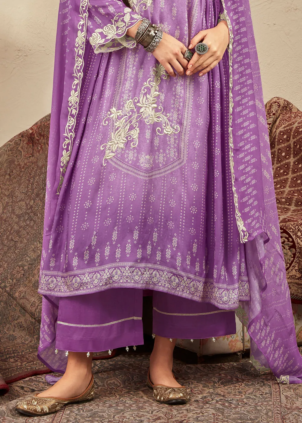 Electric Purple Digital Printed Cotton Silk Suit With Parsi Embroidery work