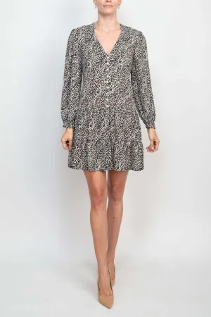 Emma & Michele Stand Collar V-Neck Long Sleeve Button Cuff Animal Print Chiffon Short Shift Dress