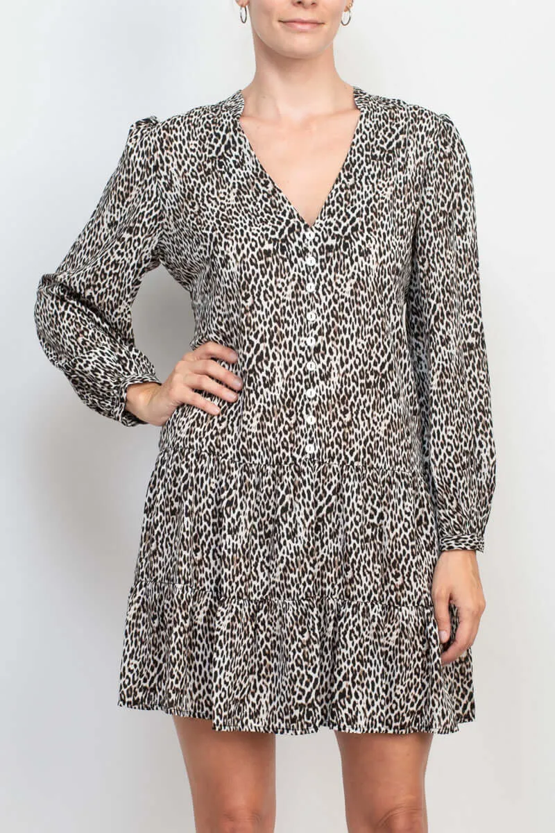 Emma & Michele Stand Collar V-Neck Long Sleeve Button Cuff Animal Print Chiffon Short Shift Dress