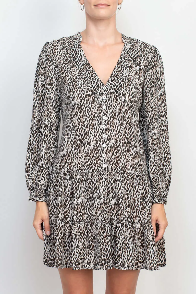 Emma & Michele Stand Collar V-Neck Long Sleeve Button Cuff Animal Print Chiffon Short Shift Dress