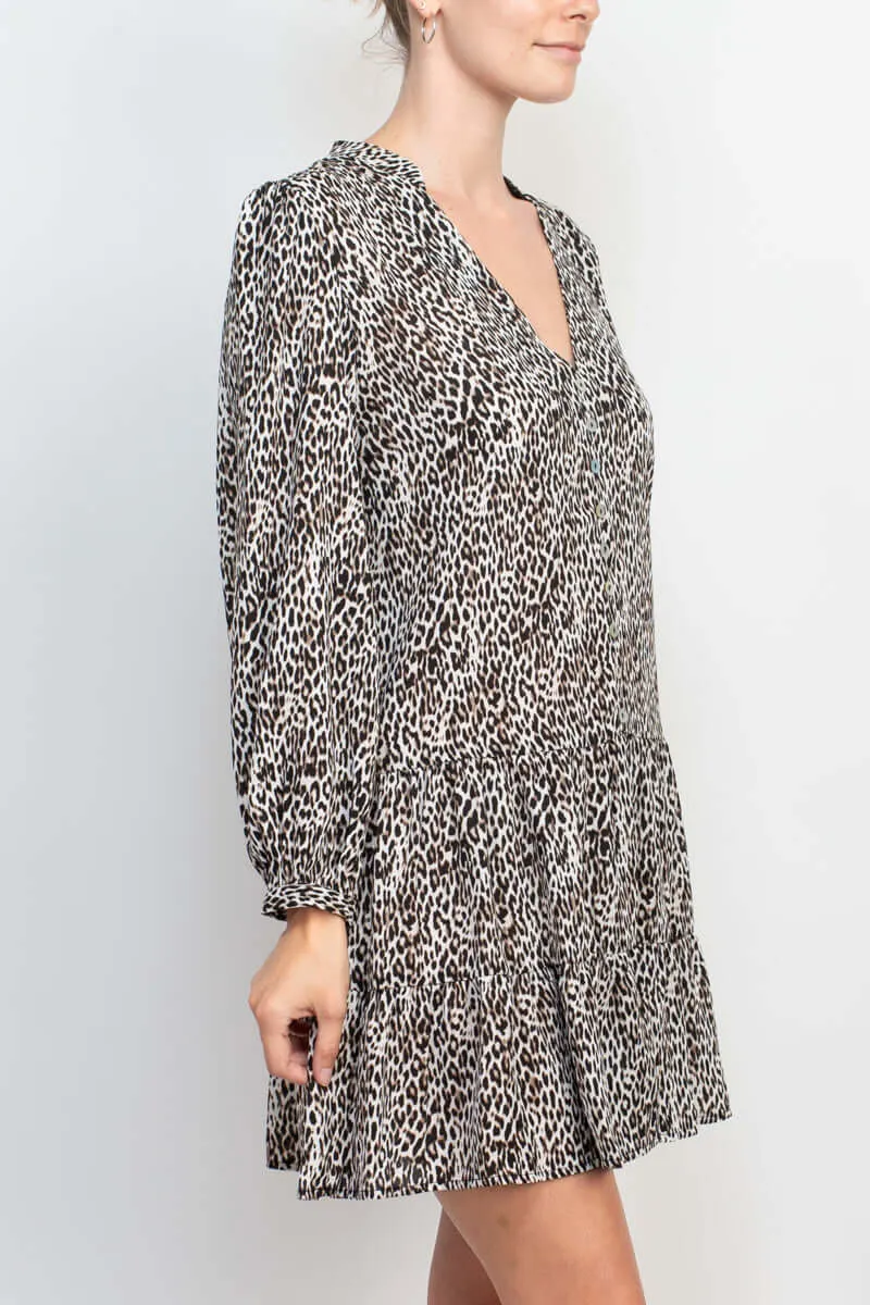 Emma & Michele Stand Collar V-Neck Long Sleeve Button Cuff Animal Print Chiffon Short Shift Dress