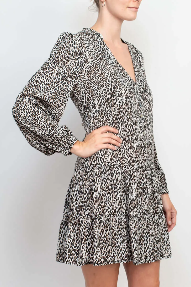 Emma & Michele Stand Collar V-Neck Long Sleeve Button Cuff Animal Print Chiffon Short Shift Dress