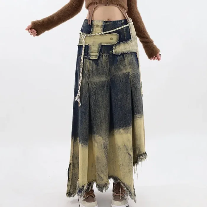 Fairy Grunge Washed Long Denim Skirt