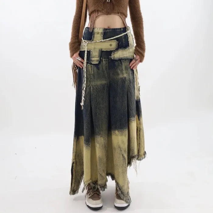 Fairy Grunge Washed Long Denim Skirt