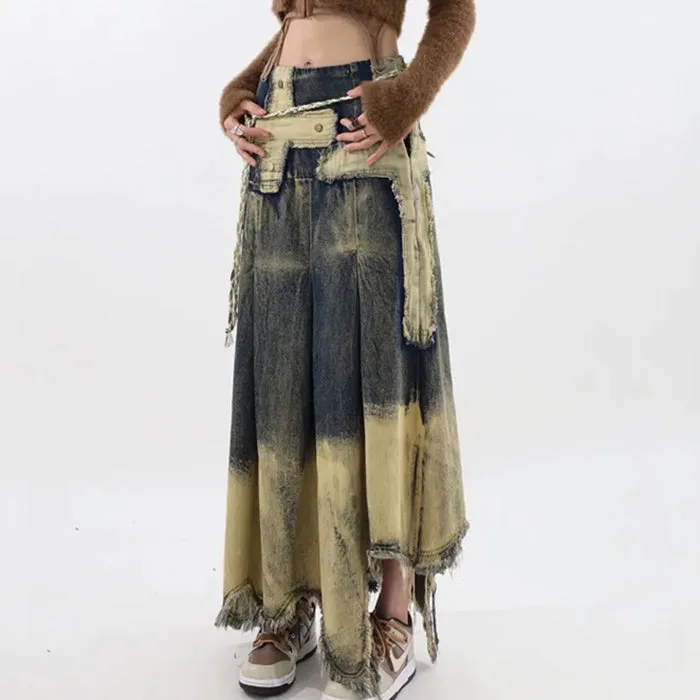 Fairy Grunge Washed Long Denim Skirt