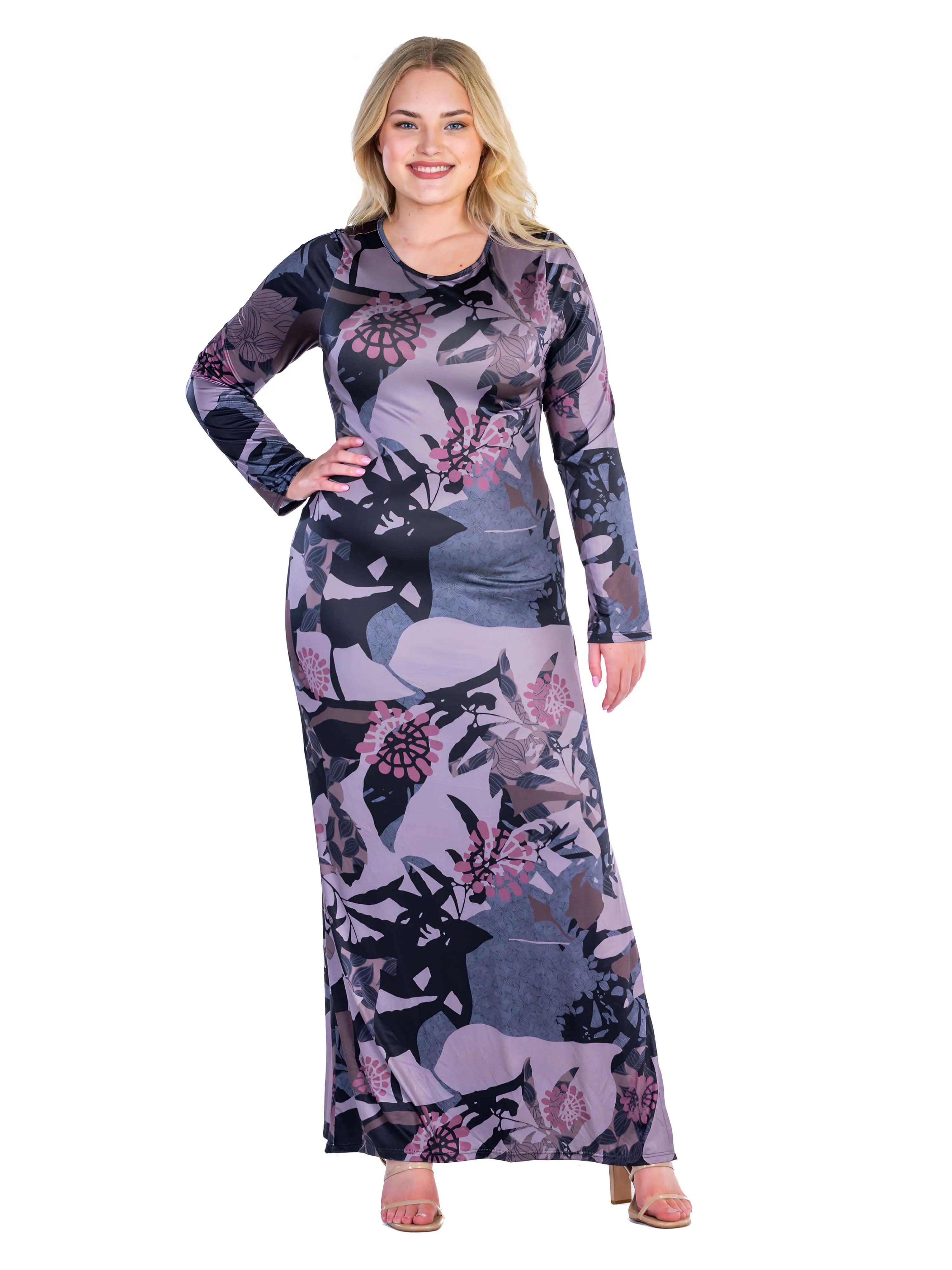 Fall Floral Print Long Sleeve Side Slit Plus Size Maxi Dress