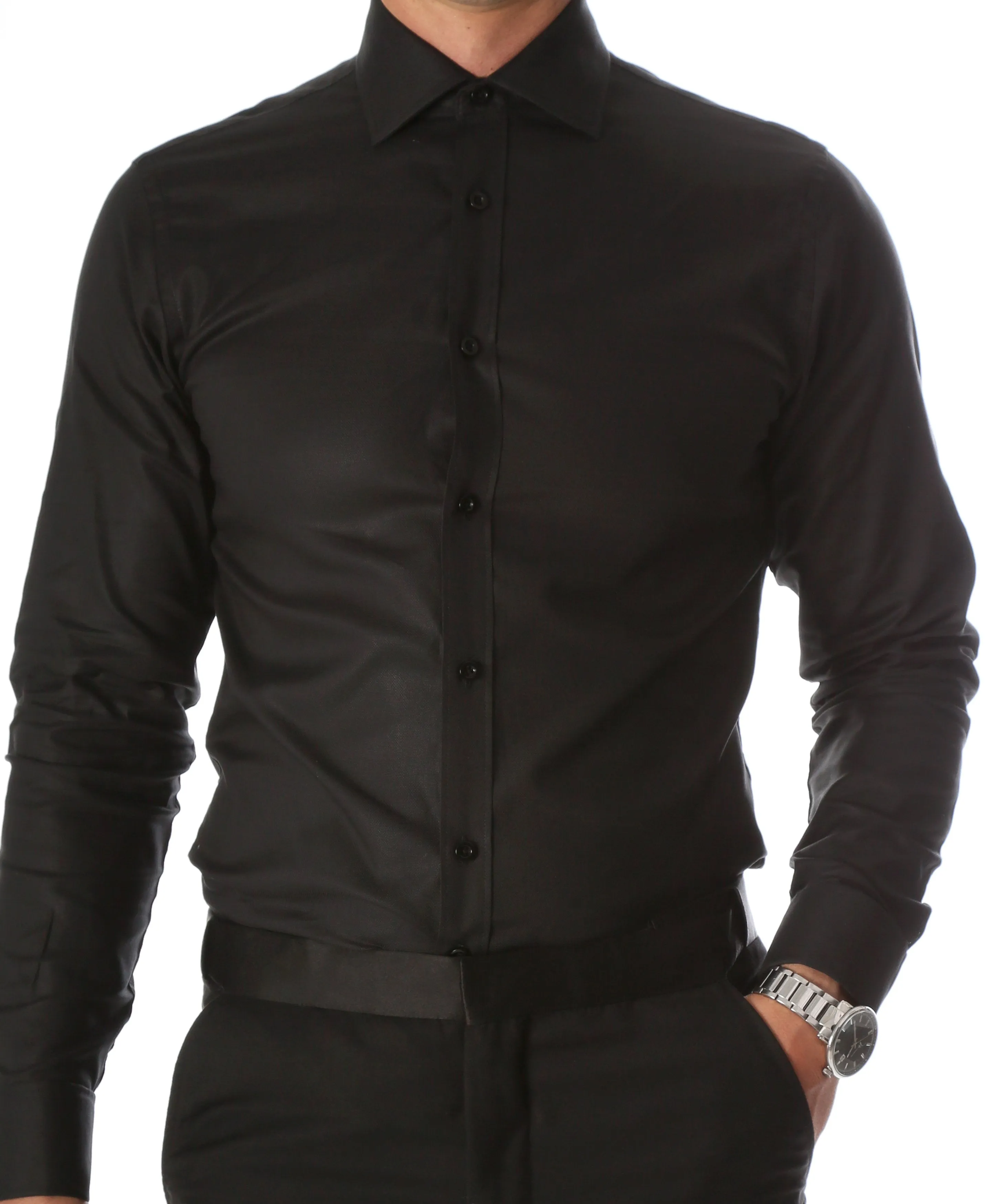 Ferrecci Men's Black Venice Slim Fit Pique Lay Down Collar Shirt