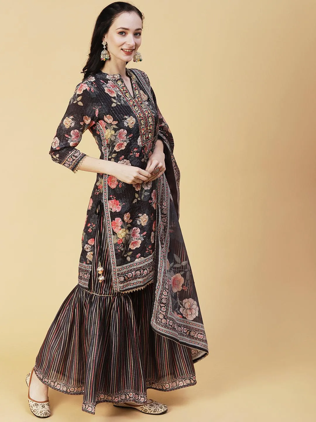 Floral Printed & Hand Embroidered Straight Kurta with Sharara & Dupatta - Black