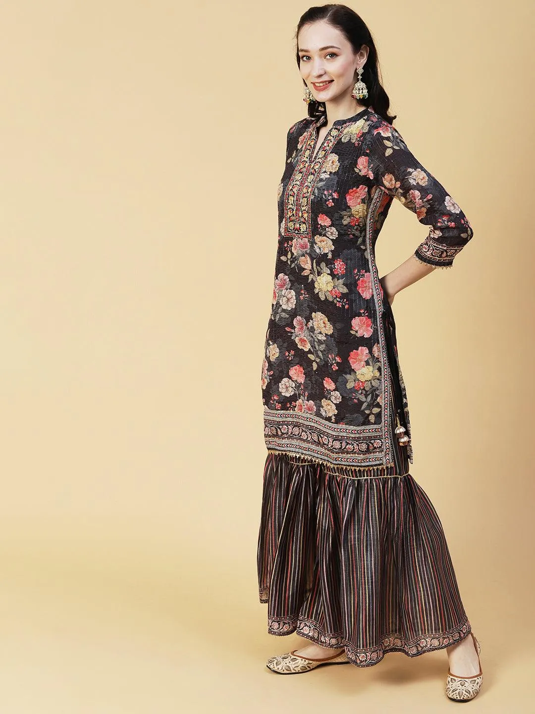 Floral Printed & Hand Embroidered Straight Kurta with Sharara & Dupatta - Black