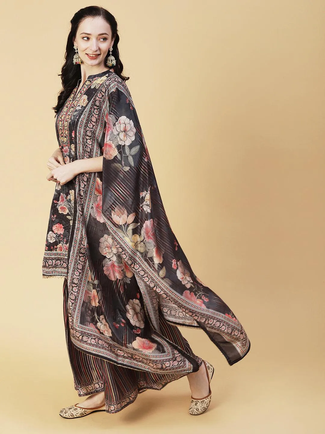 Floral Printed & Hand Embroidered Straight Kurta with Sharara & Dupatta - Black