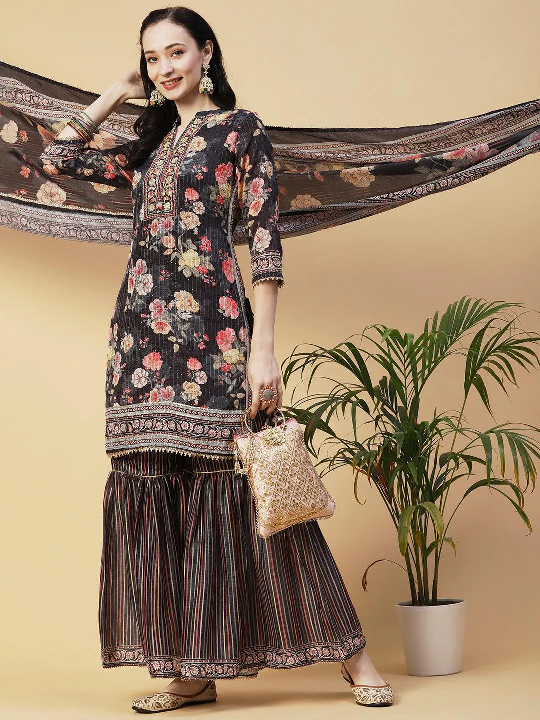 Floral Printed & Hand Embroidered Straight Kurta with Sharara & Dupatta - Black