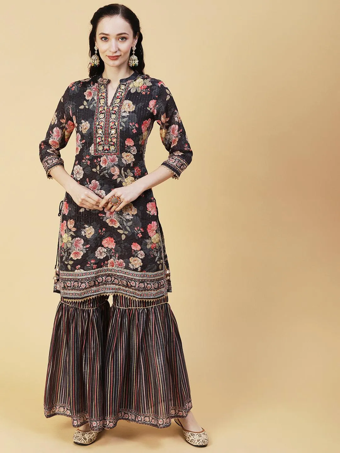 Floral Printed & Hand Embroidered Straight Kurta with Sharara & Dupatta - Black