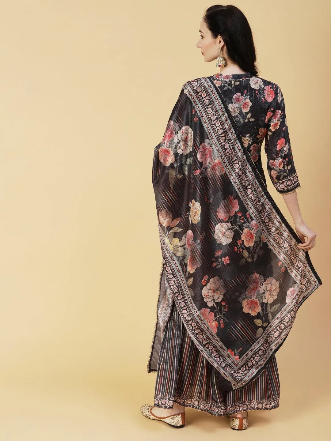 Floral Printed & Hand Embroidered Straight Kurta with Sharara & Dupatta - Black