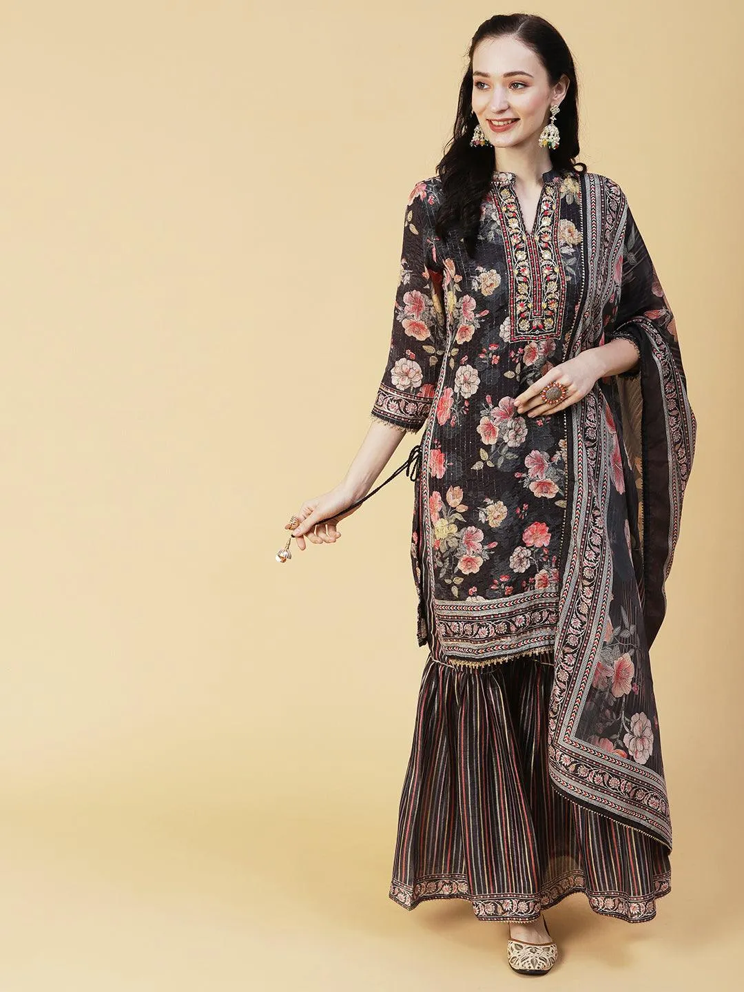 Floral Printed & Hand Embroidered Straight Kurta with Sharara & Dupatta - Black