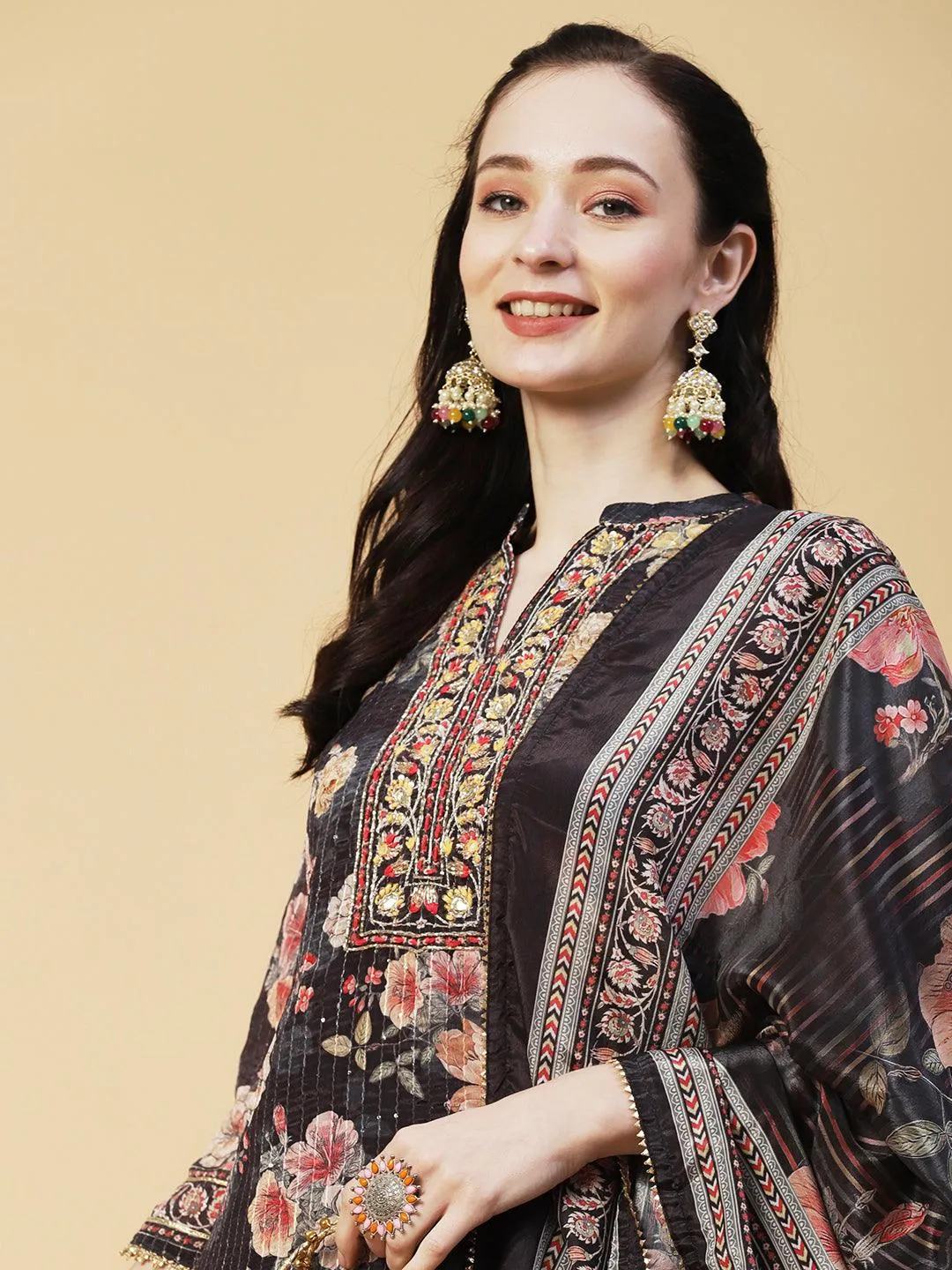 Floral Printed & Hand Embroidered Straight Kurta with Sharara & Dupatta - Black