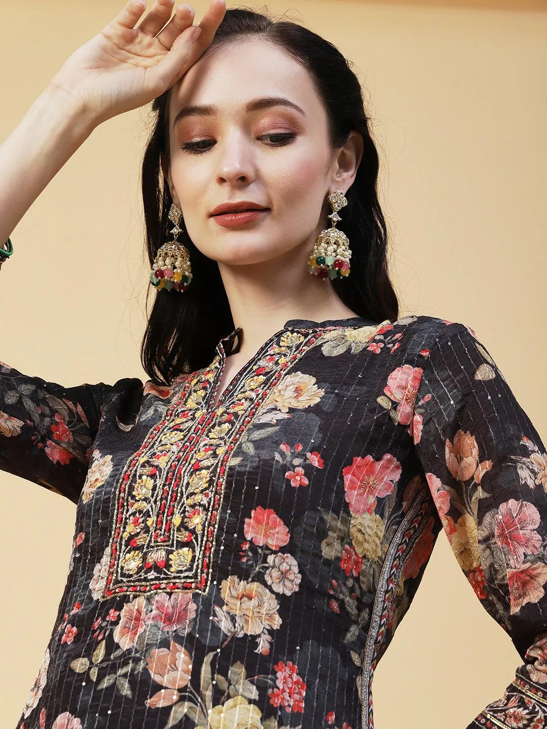 Floral Printed & Hand Embroidered Straight Kurta with Sharara & Dupatta - Black