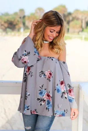 Gray Floral Off Shoulder Top