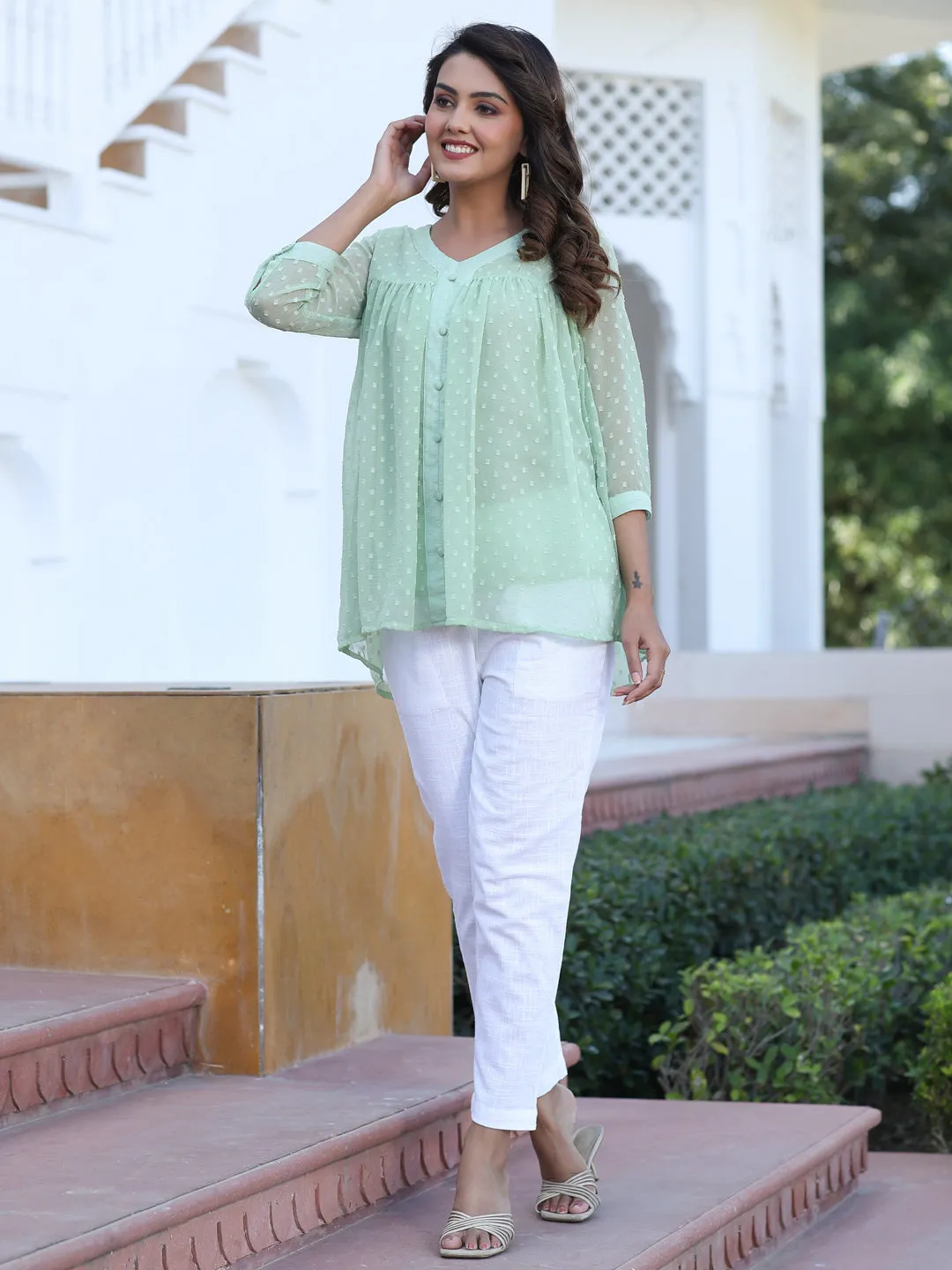 Green Chiffon Dobby Gathered Top With Flared Hemline