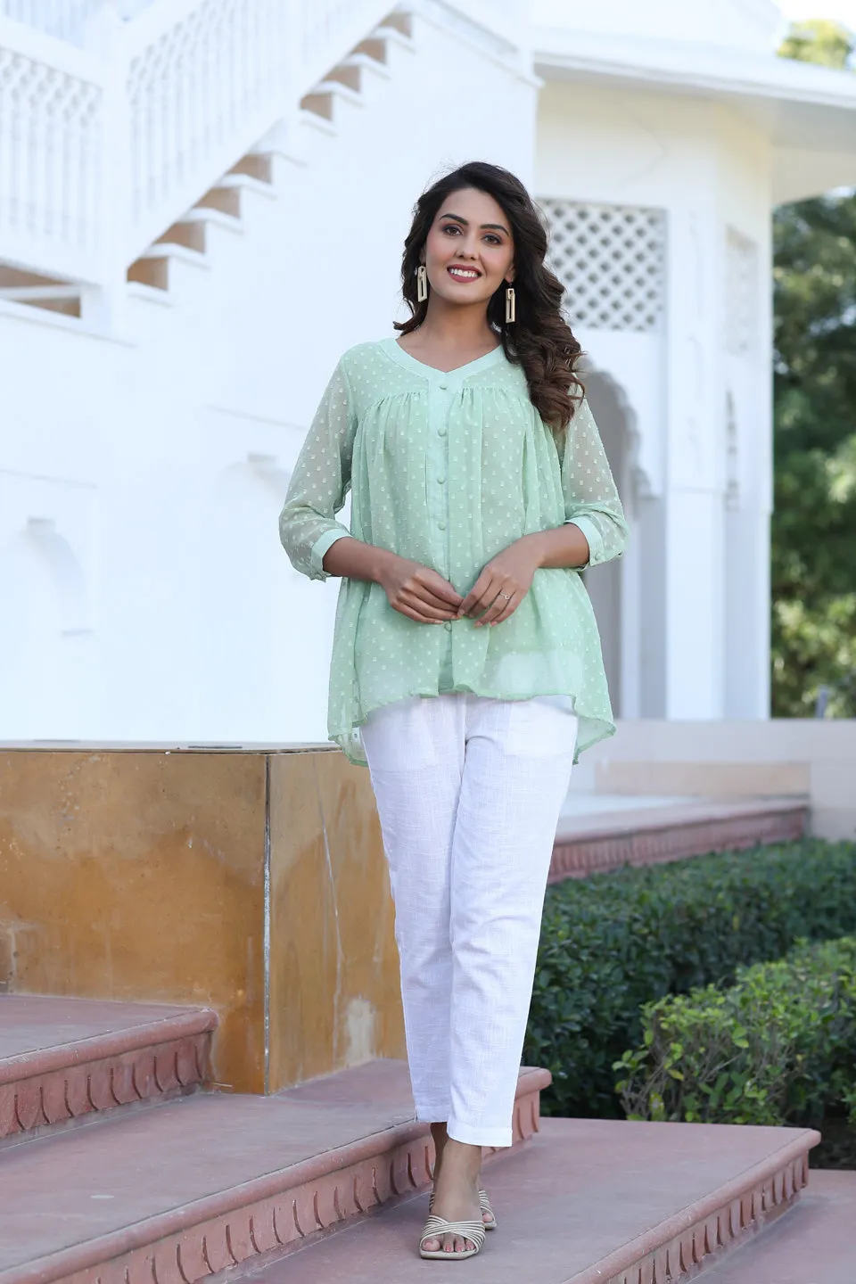 Green Chiffon Dobby Gathered Top With Flared Hemline