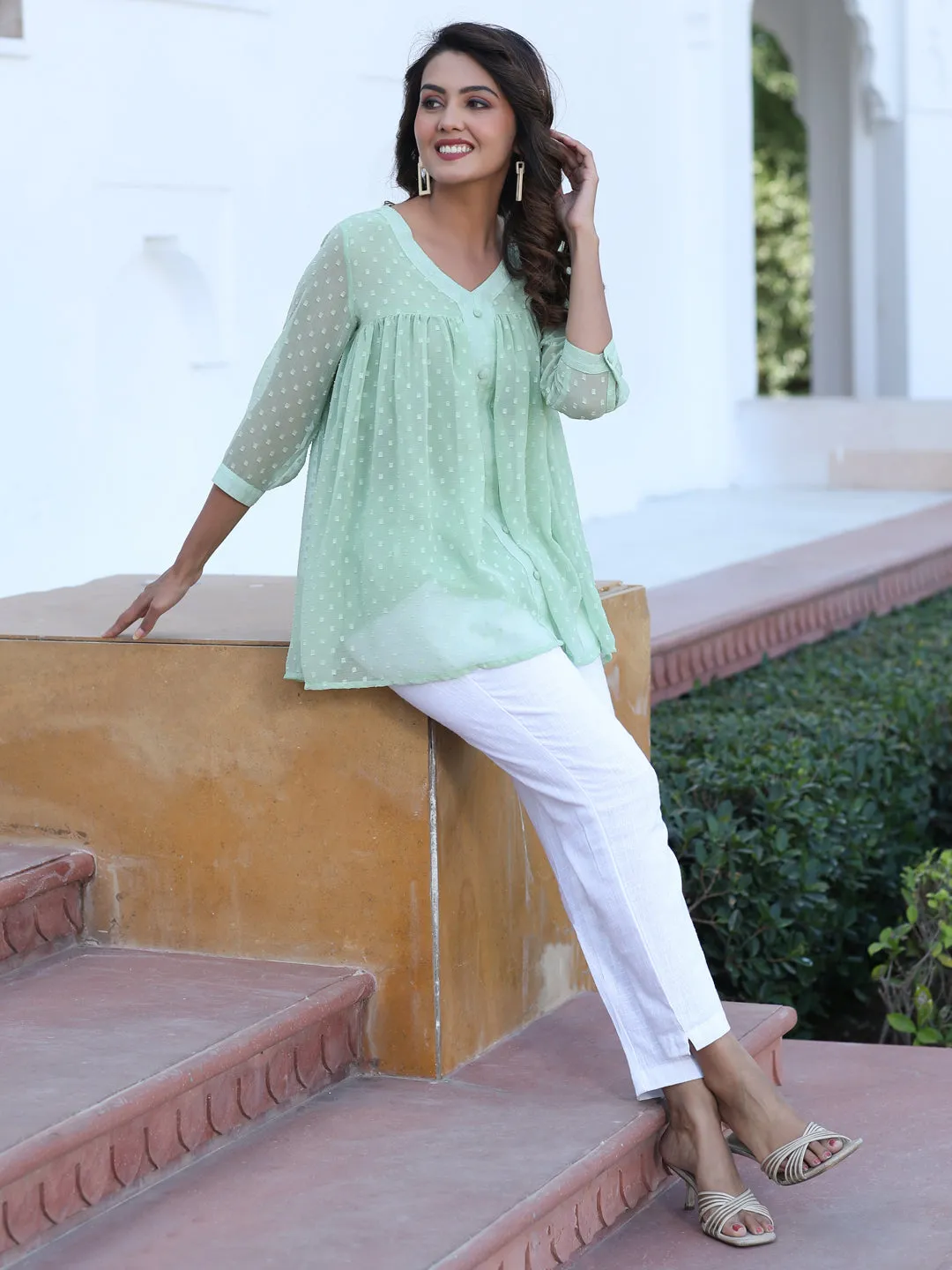 Green Chiffon Dobby Gathered Top With Flared Hemline