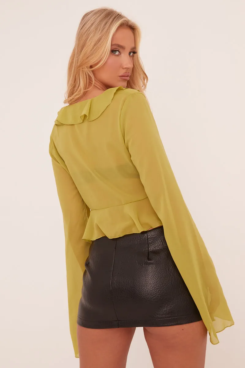 Green Frill Detail Tie Front Long Sleeve Cropped Top - Legacy