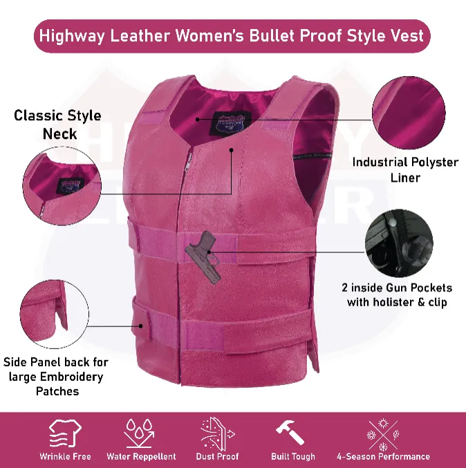 HL14945HOTPINK Women bullet proof style leather vest- for biker club