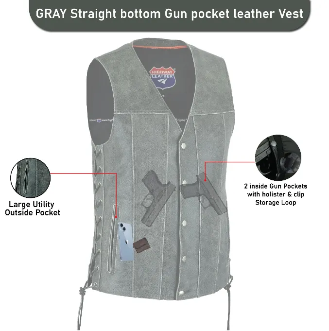 HL2611Grey Straight bottom Gray Gun pocket Leather Vest