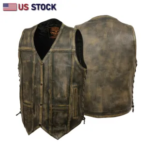 HL3540BEIGE Charcoal Brown Hamilton washed BEIGE leather motorcycle vest