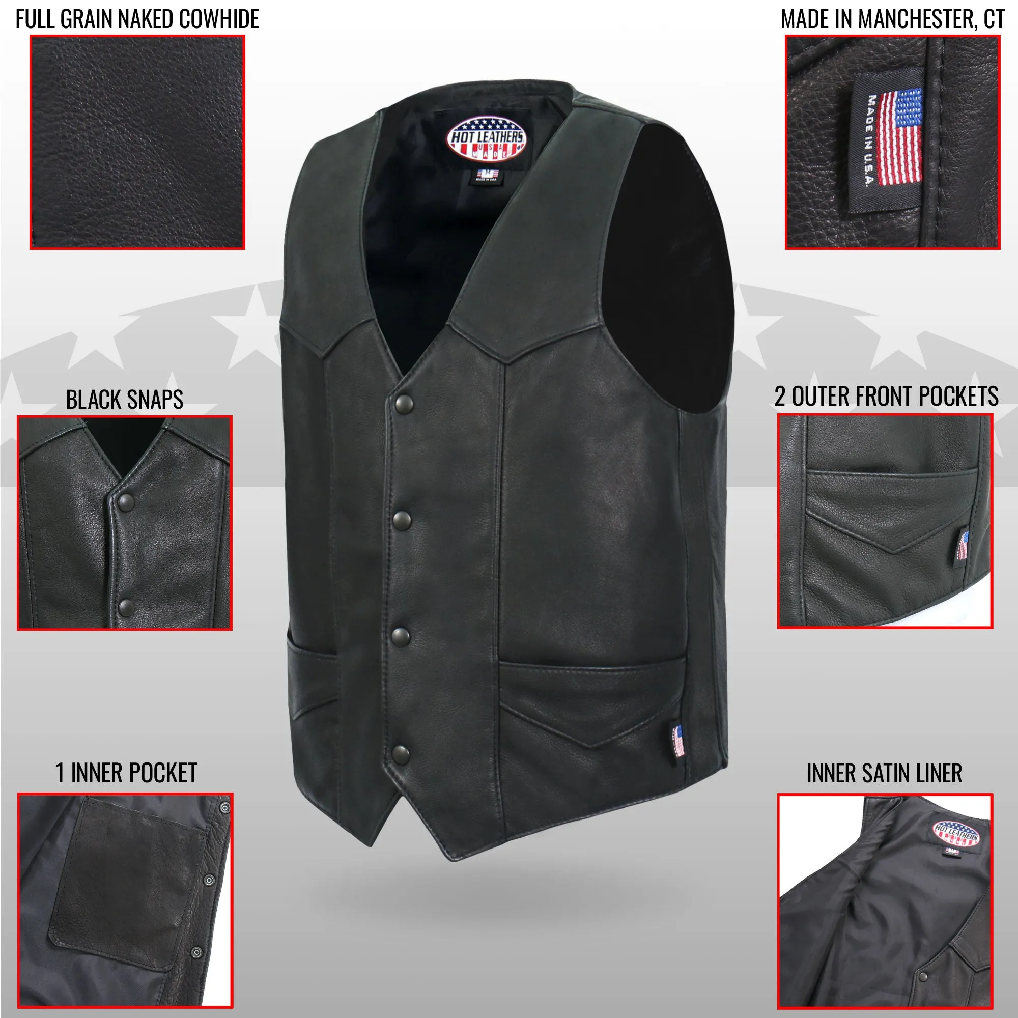 Hot Leathers VSM5006 Men's USA Made Classic Premium Biker motorcycle Leather Vest