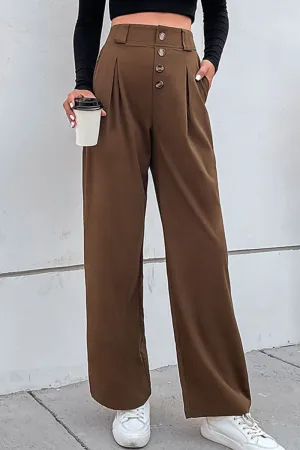 It's Never Too Late Button-Fly Pleated Waist Wide Leg Pants with Pockets