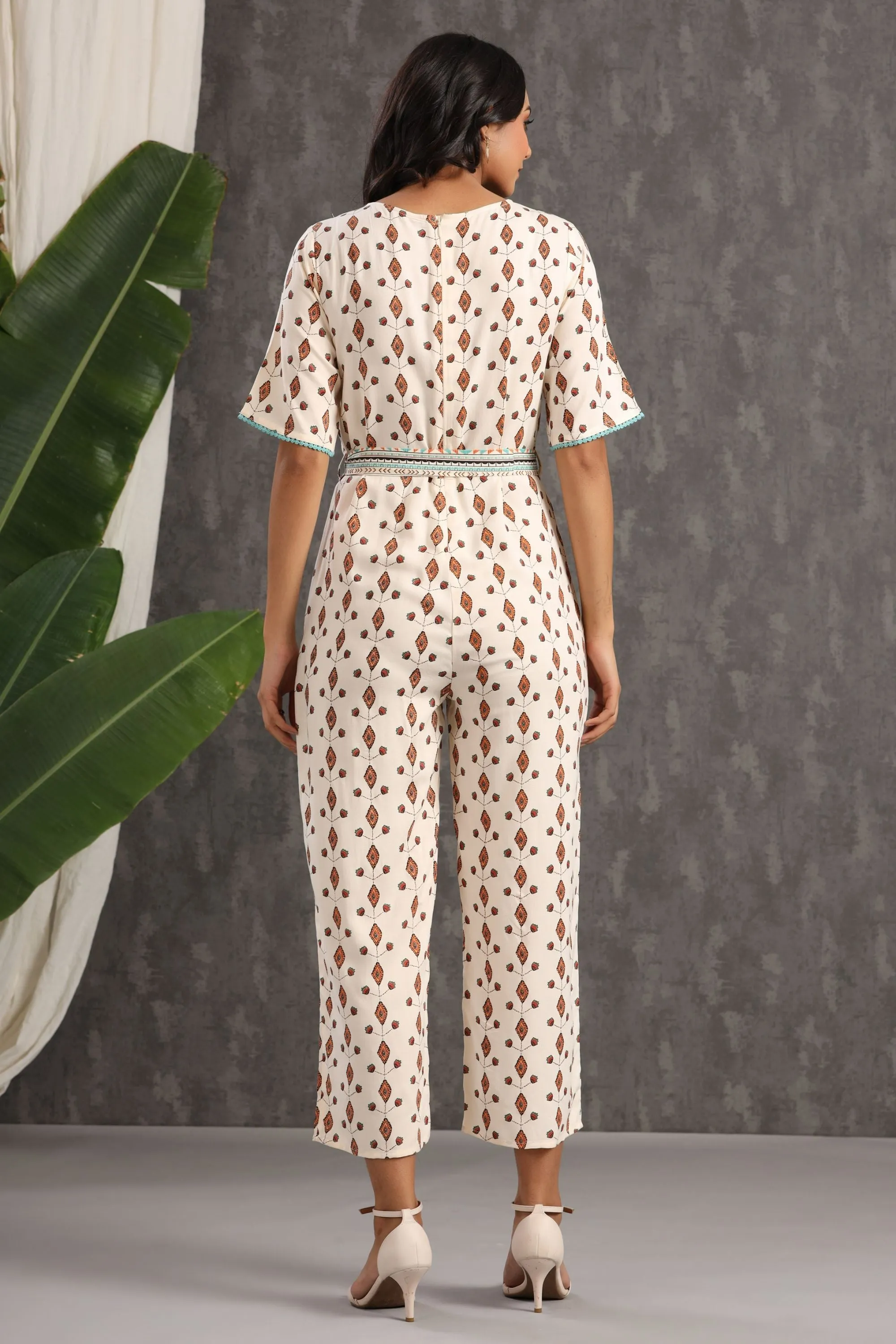 Ivory Rayon Printed Jumpsuit