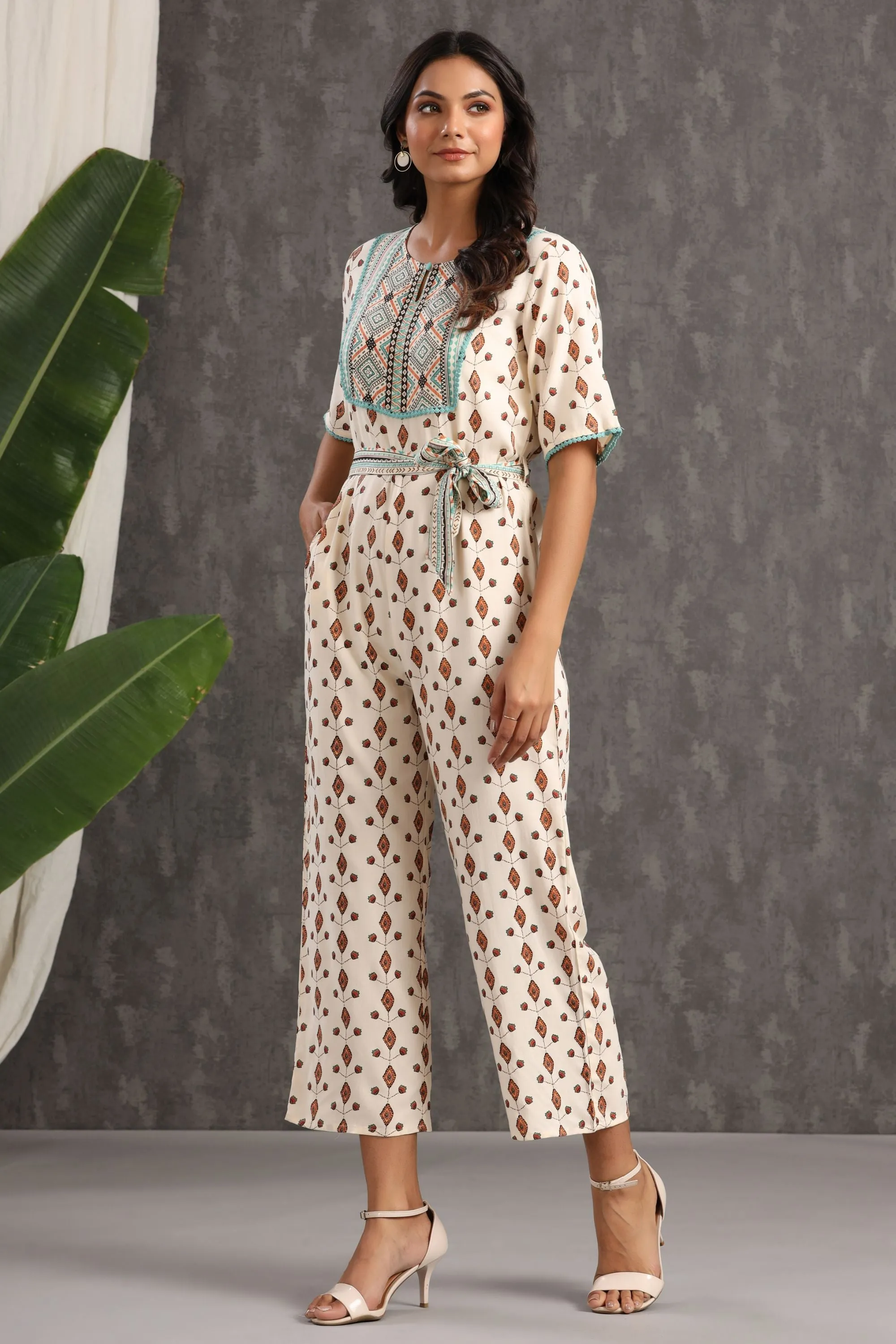 Ivory Rayon Printed Jumpsuit