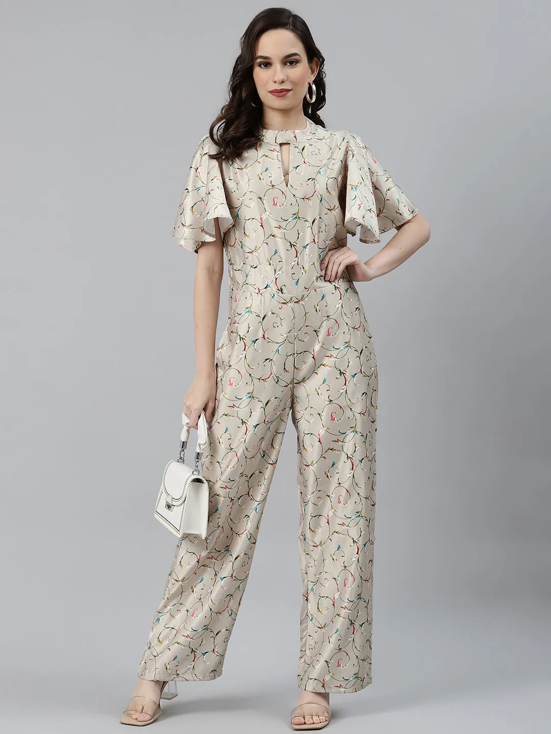 Jashvi Women Lime Green & Off-White Printed Keyhole Neck Flared Sleeves Basic Jumpsuit