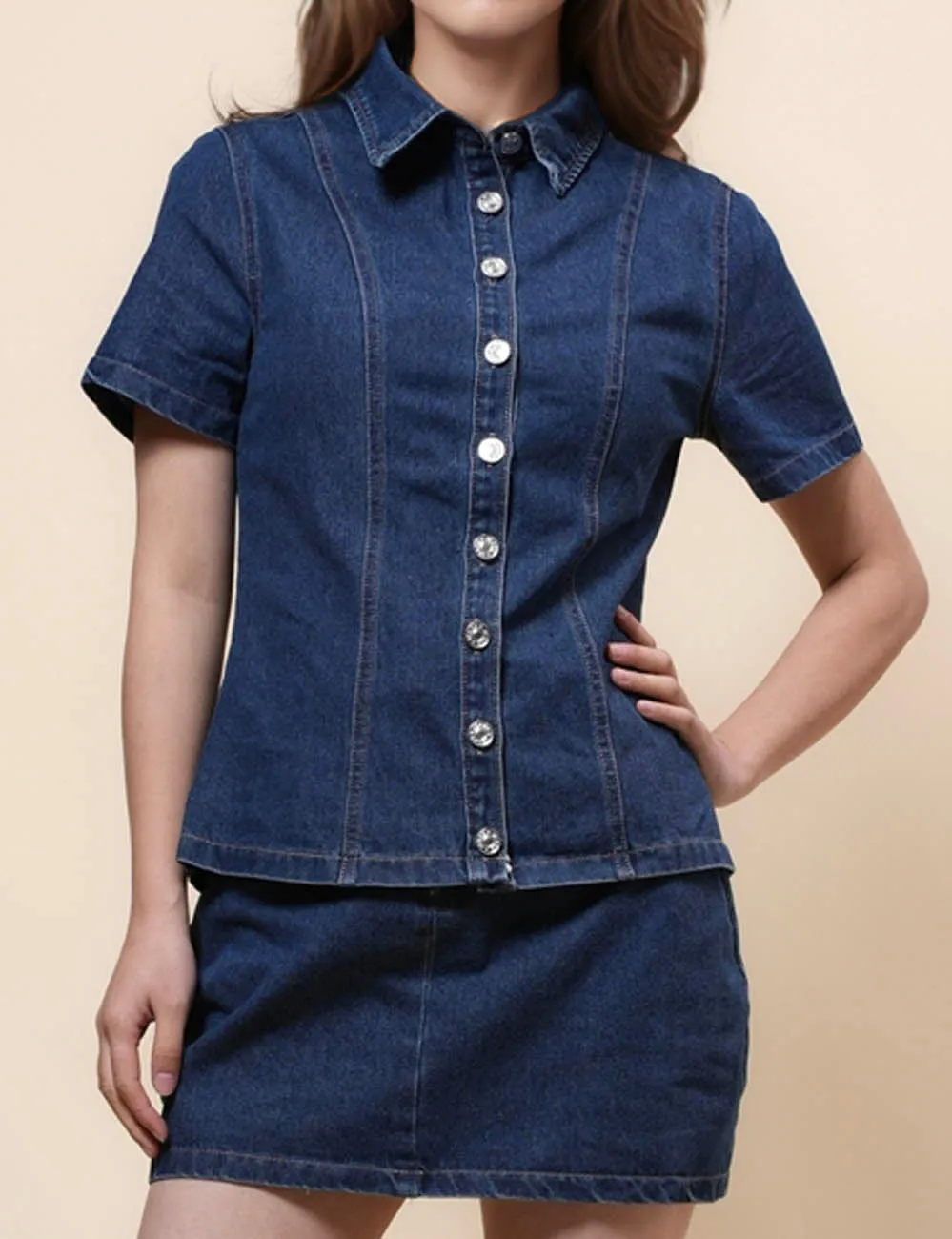 Ladies Lapel Top & Skirts 2PCS Denim Set SKST41042