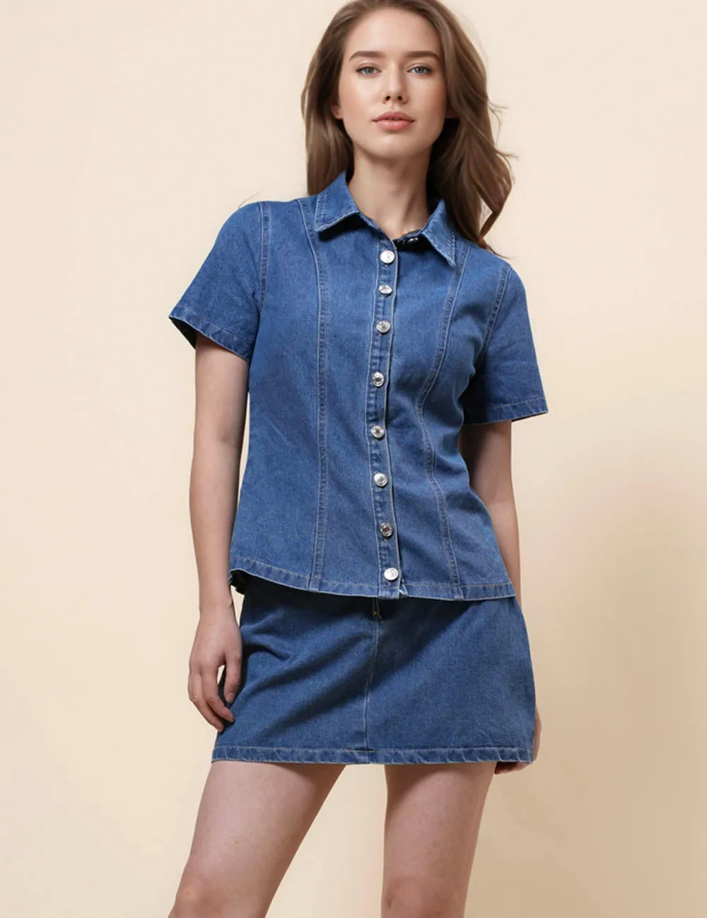 Ladies Lapel Top & Skirts 2PCS Denim Set SKST41042