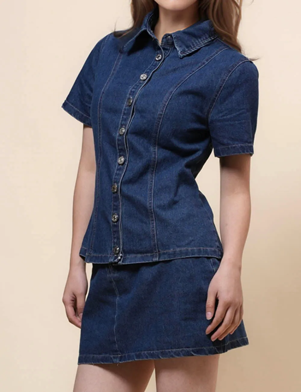 Ladies Lapel Top & Skirts 2PCS Denim Set SKST41042