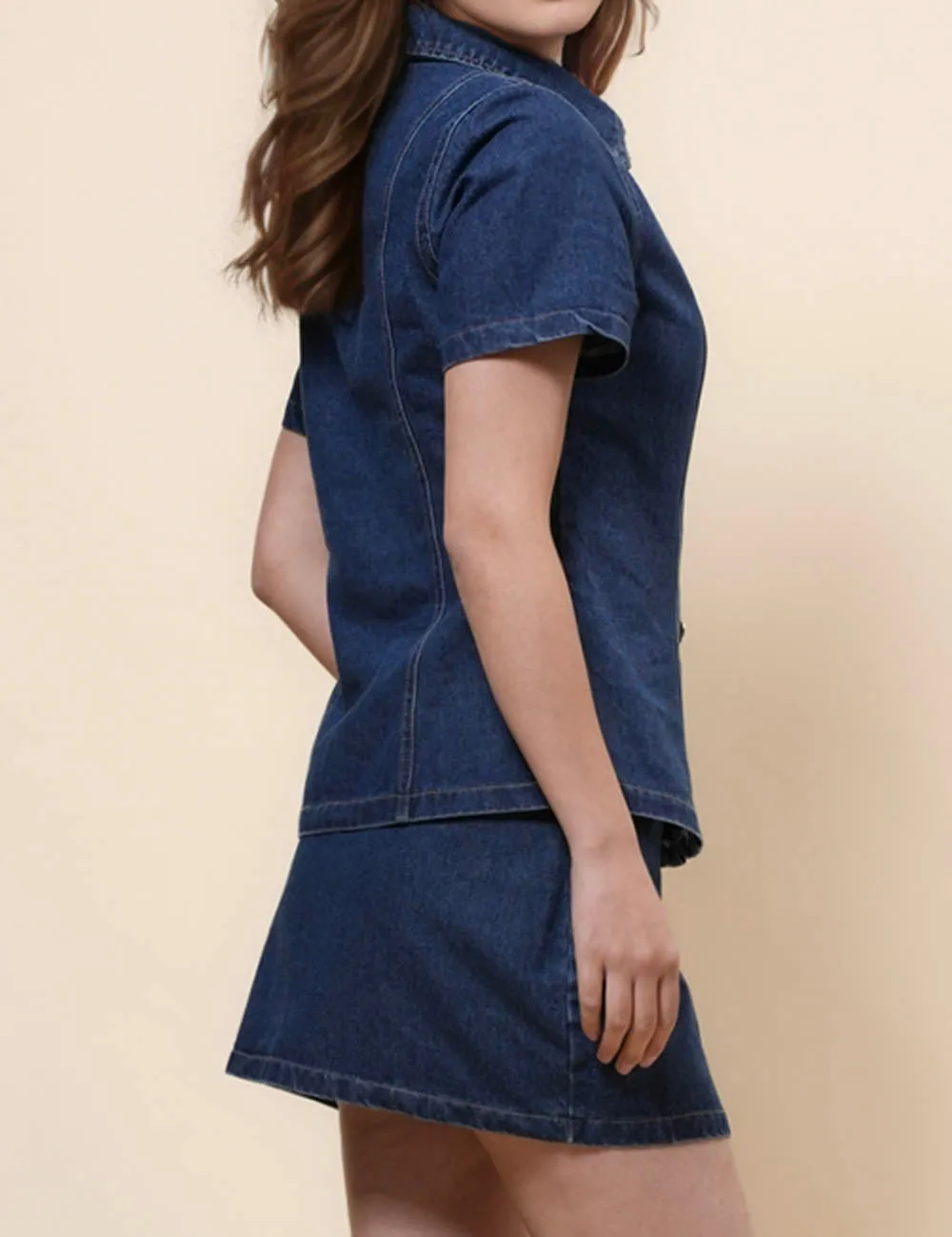 Ladies Lapel Top & Skirts 2PCS Denim Set SKST41042