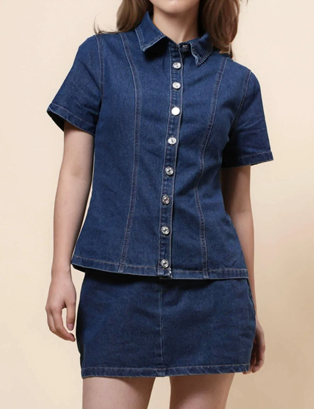 Ladies Lapel Top & Skirts 2PCS Denim Set SKST41042