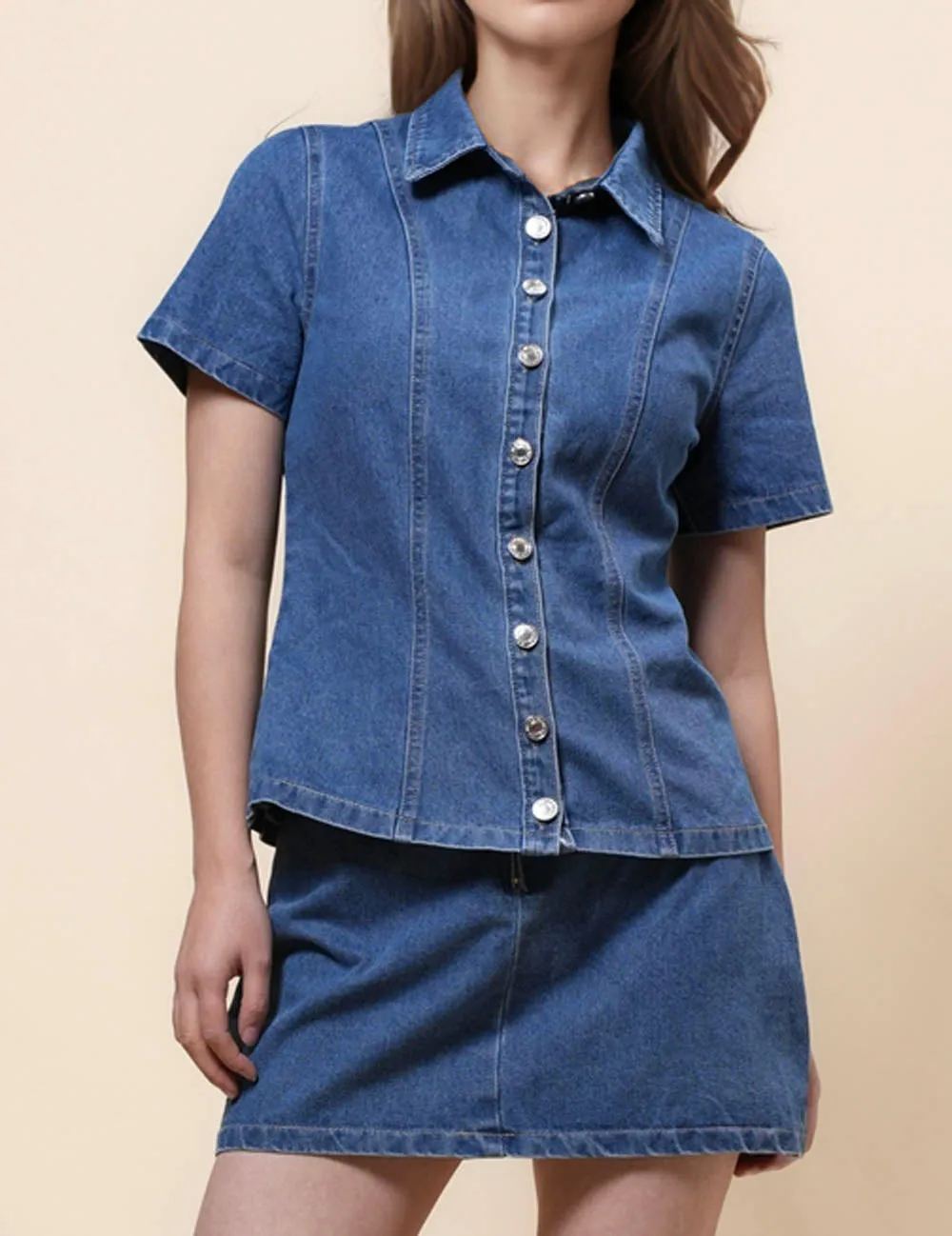 Ladies Lapel Top & Skirts 2PCS Denim Set SKST41042