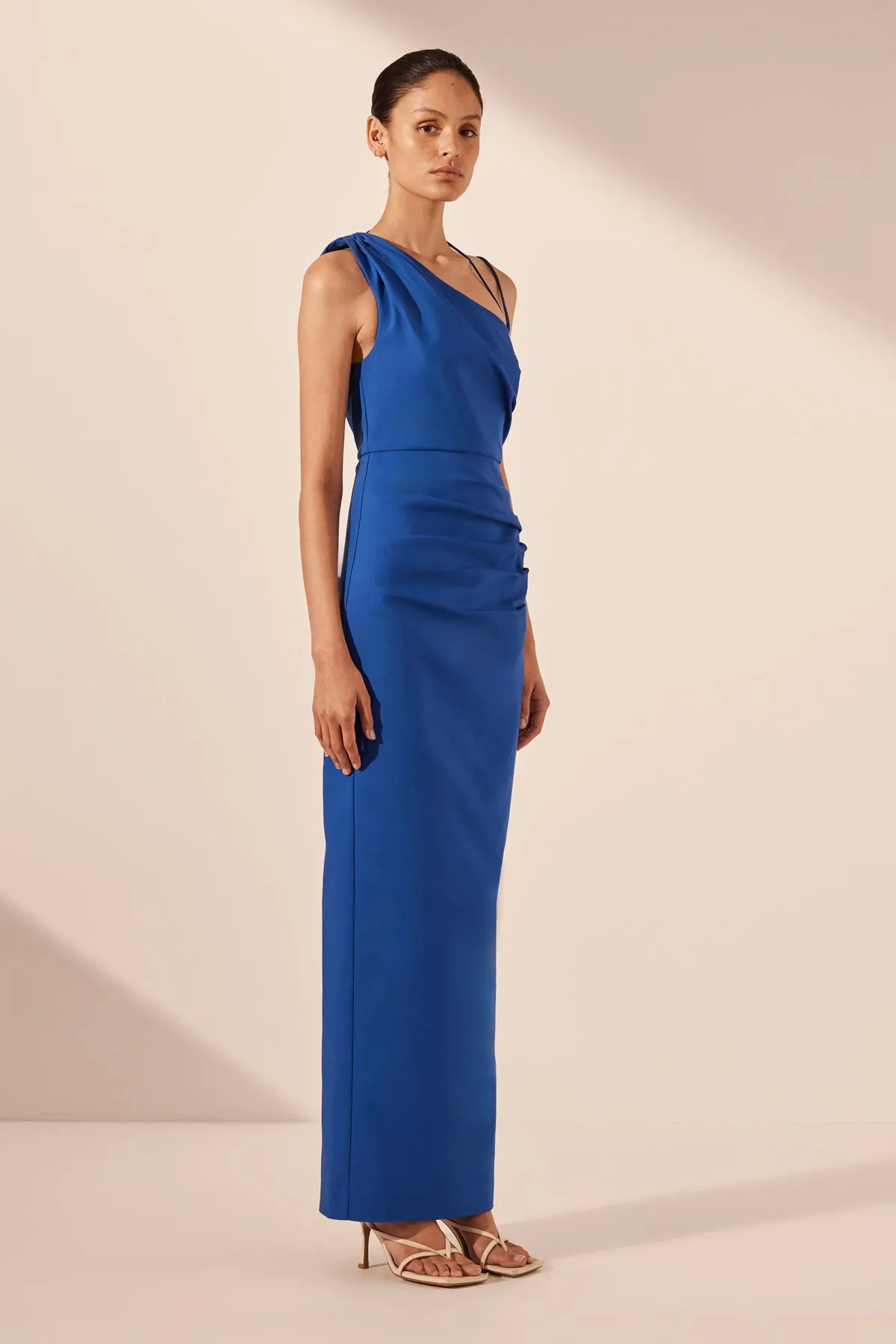 LANI ASYMMETRICAL GATHERED MAXI DRESS - AZURE