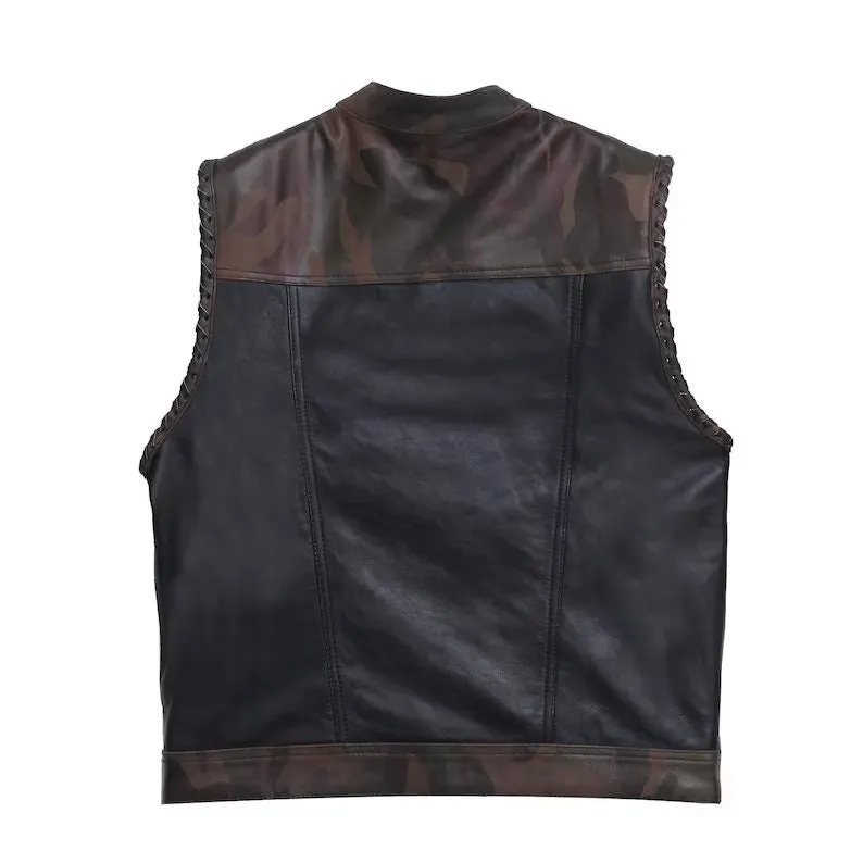 Leather vest Camo Style Denim Leather Motorcycle Vest Braided Braided Arms Men's Leather Vest Biker Rider Club