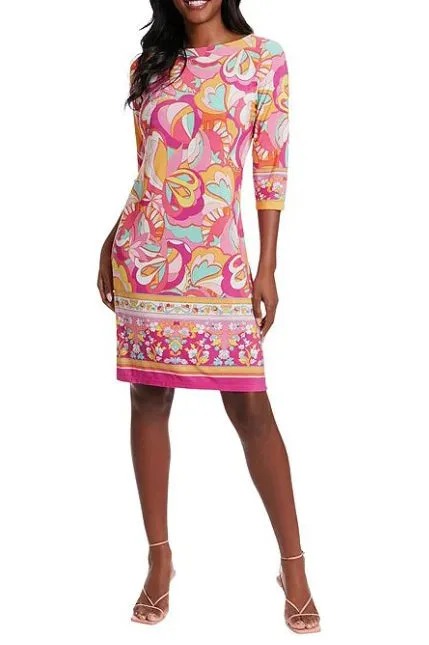 London Times 3/4 Sleeve Crew Neck Printed Shift Dress