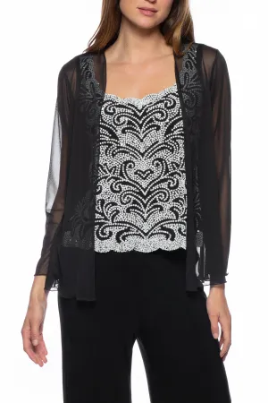 Marina scoop neck sleeveless embellished matte jersey top with open front chiffon jacket