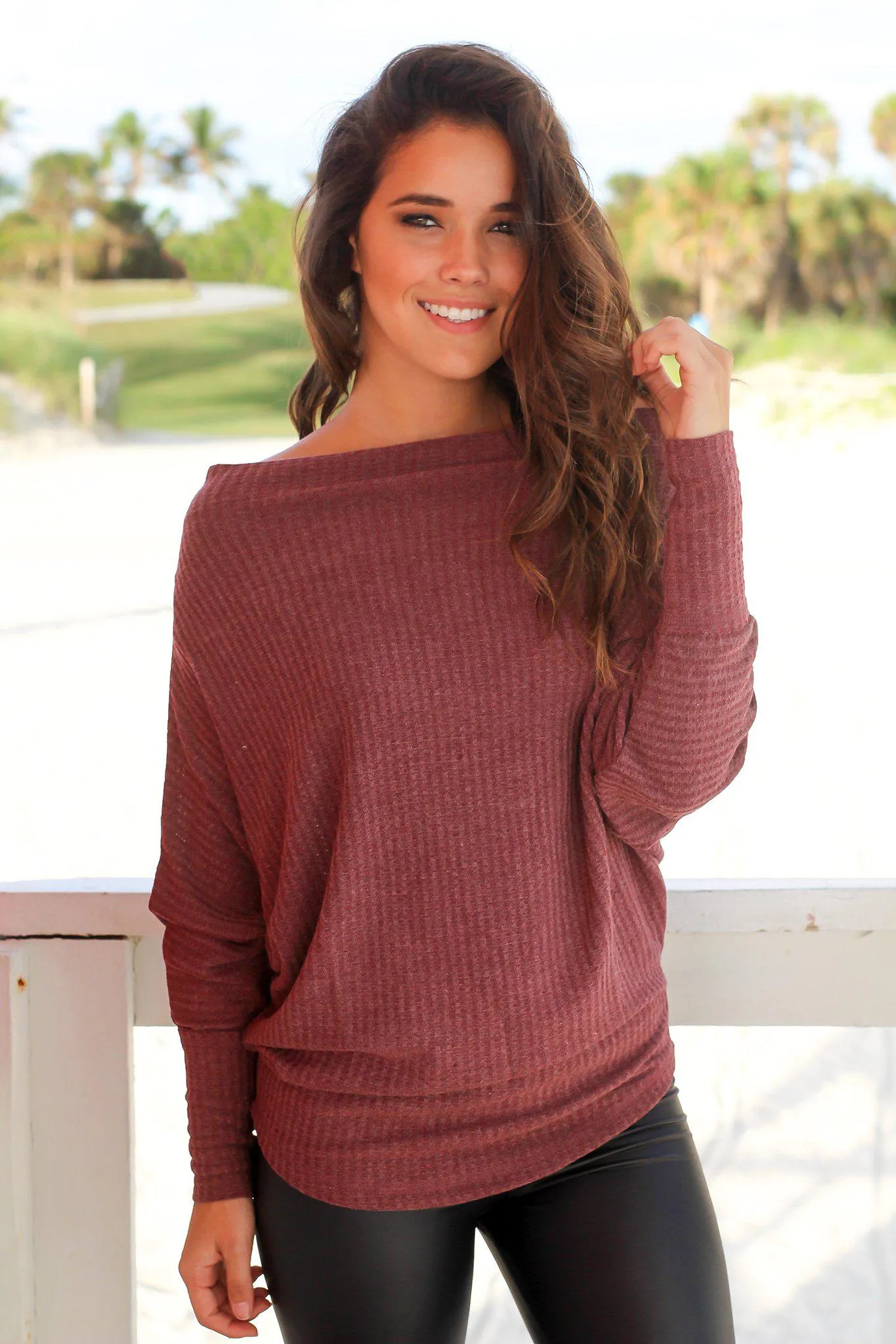 Maroon Knit Off Shoulder Top