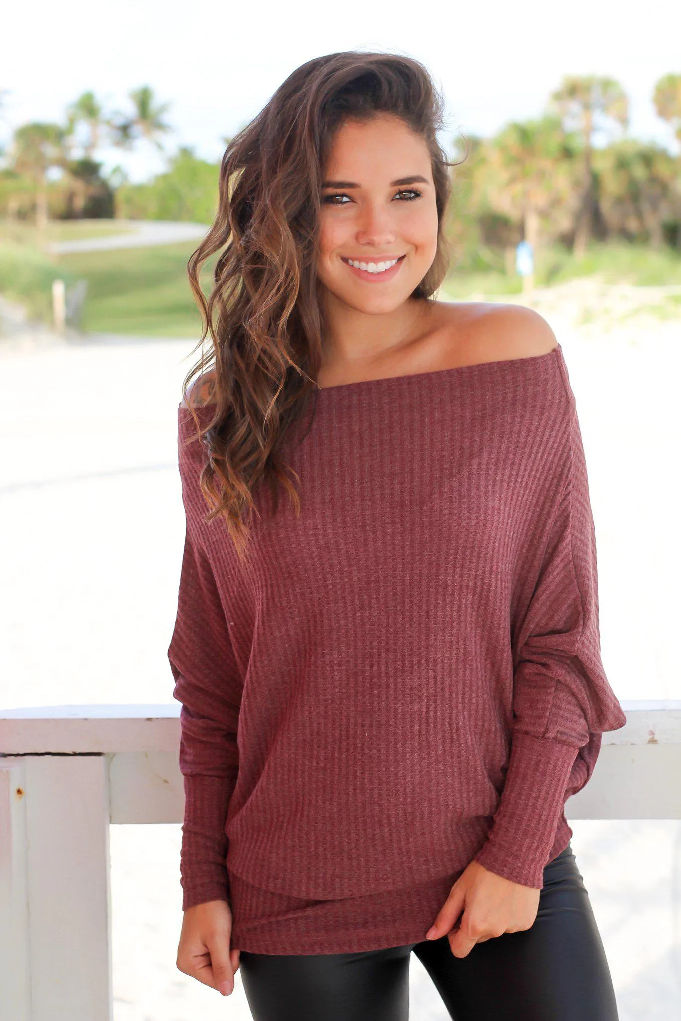 Maroon Knit Off Shoulder Top